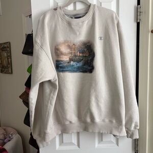 Champion Men's Cream Crewneck Sweatshirt with Lighthouse Print